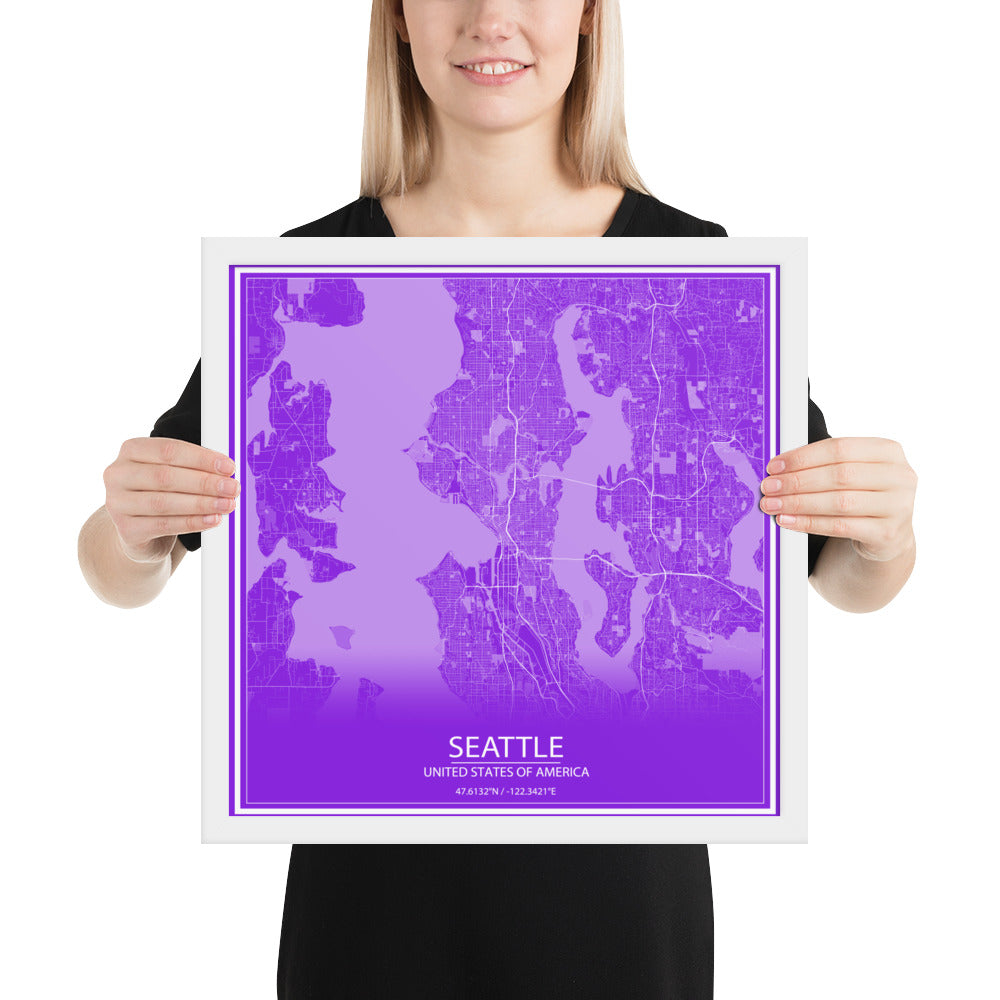 Seattle Purple and White Framed Map