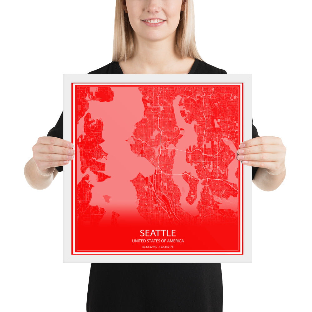 Seattle Red and White Framed Map