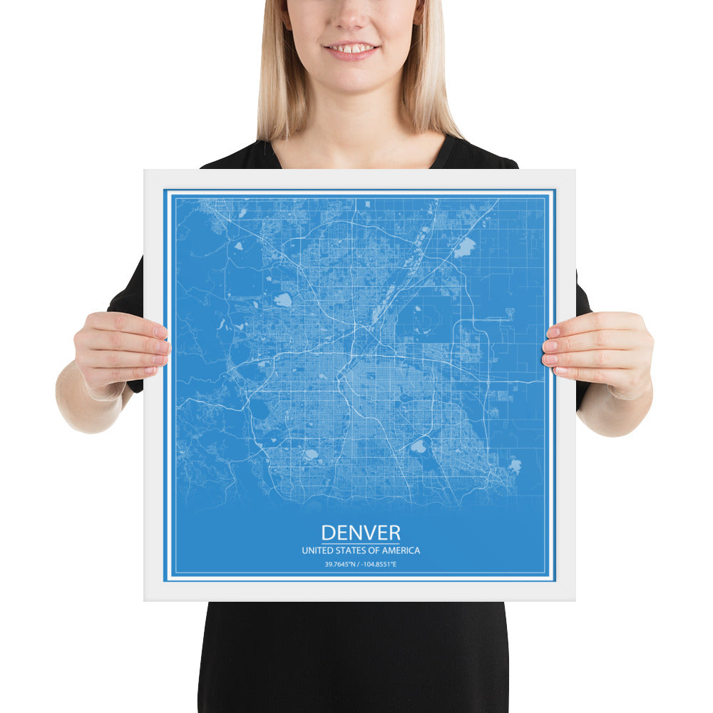 Denver Blue and White Framed Map