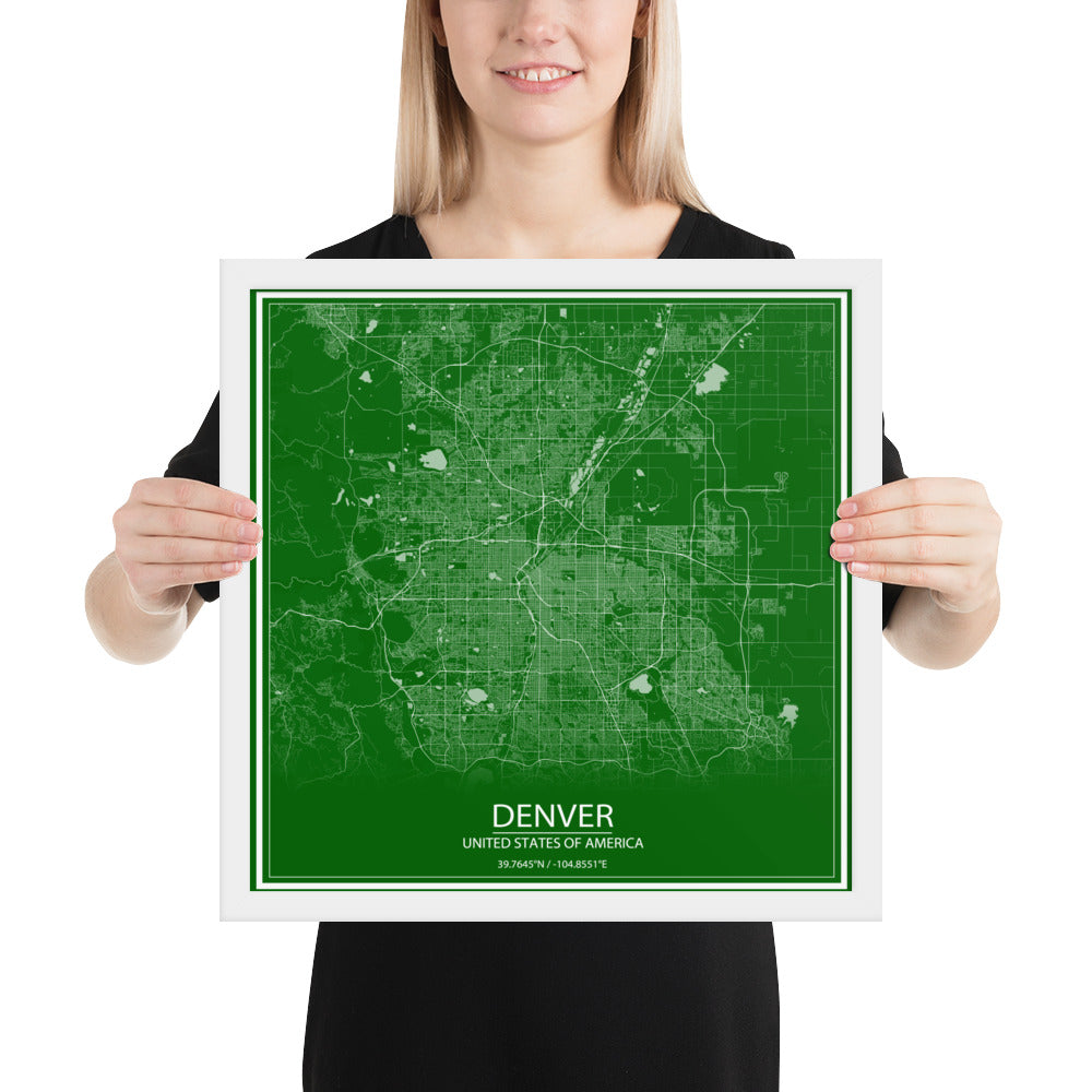 Denver Green and White Framed Map