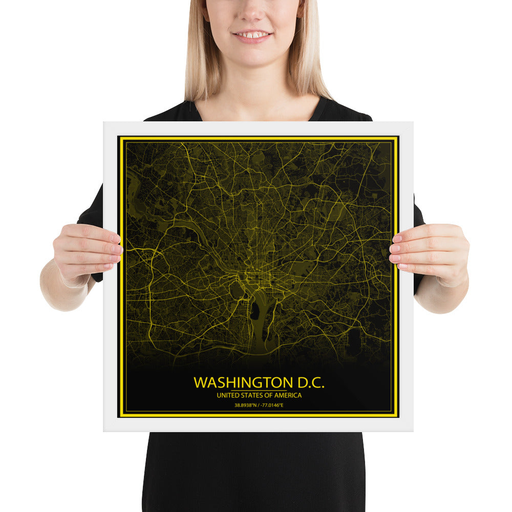 Washington, D.C. Black and Yellow Framed Map