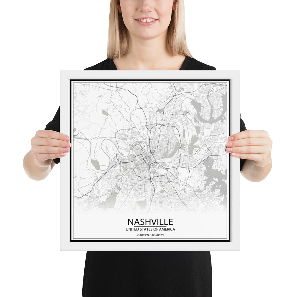 Nashville White Framed Map