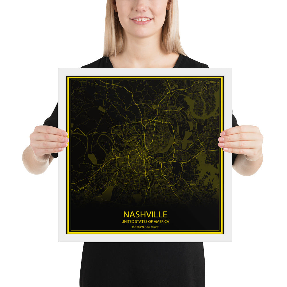 Nashville Black and Yellow Framed Map