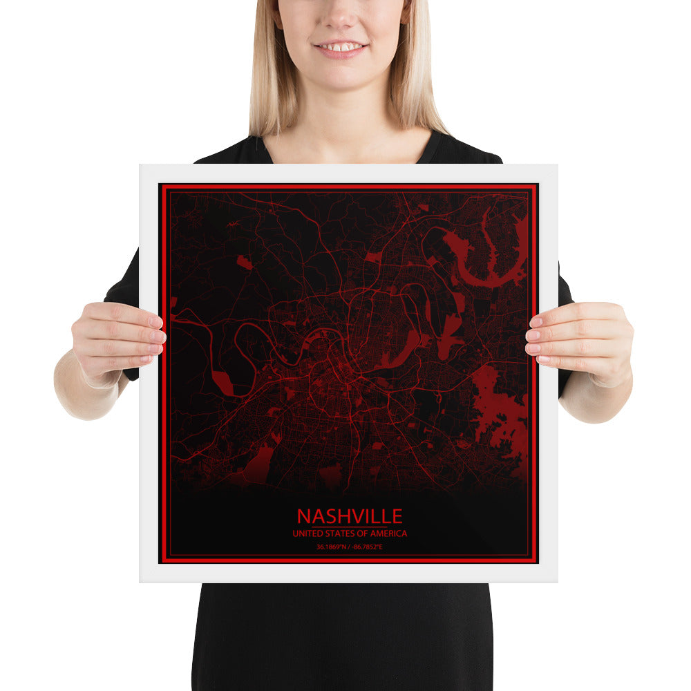 Nashville Black and Red Framed Map