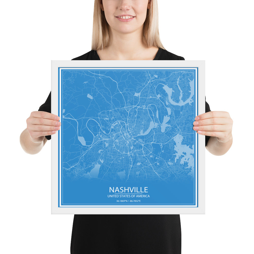 Nashville Blue and White Framed Map