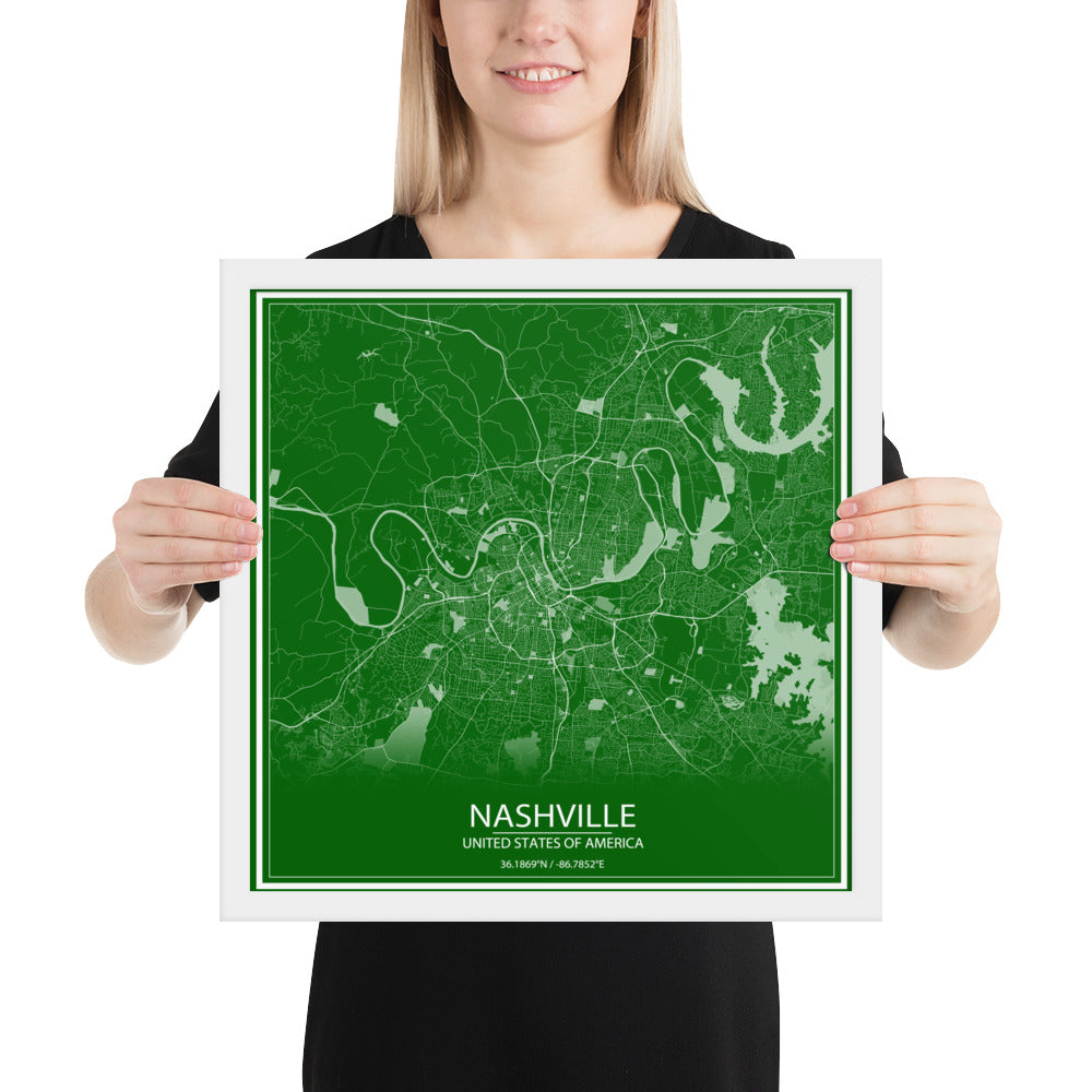 Nashville Green and White Framed Map