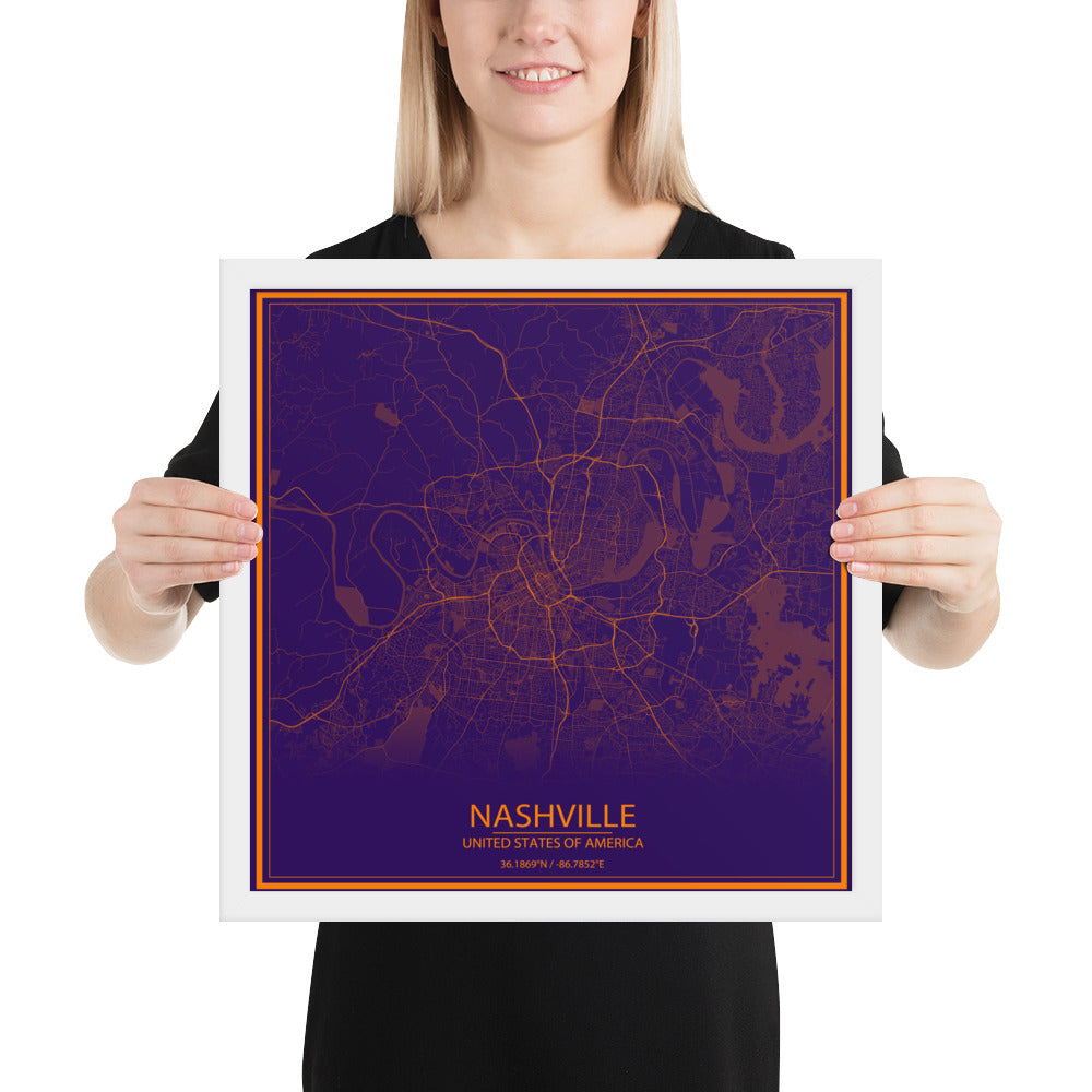 Nashville Purple and Orange Framed Map