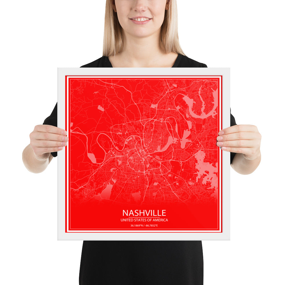 Nashville Red and White Framed Map