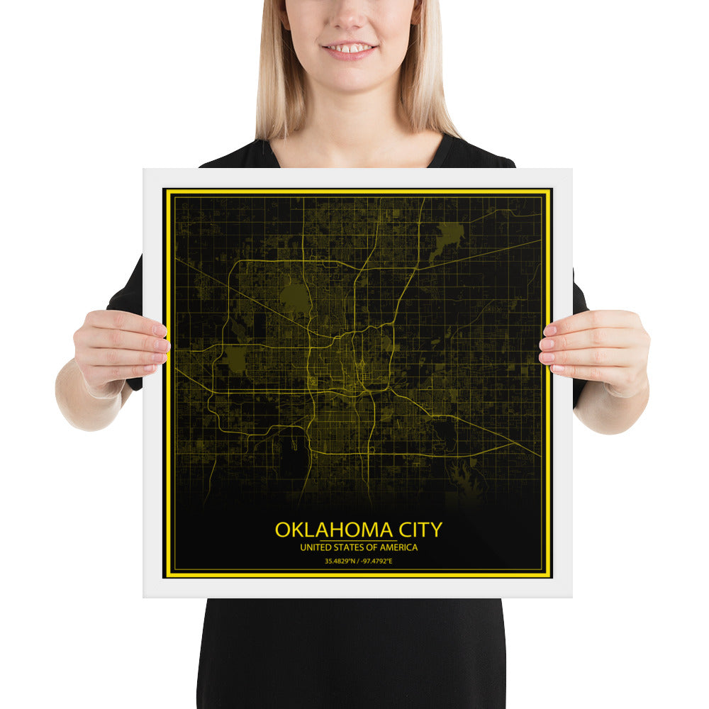 Oklahoma City Black and Yellow Framed Map