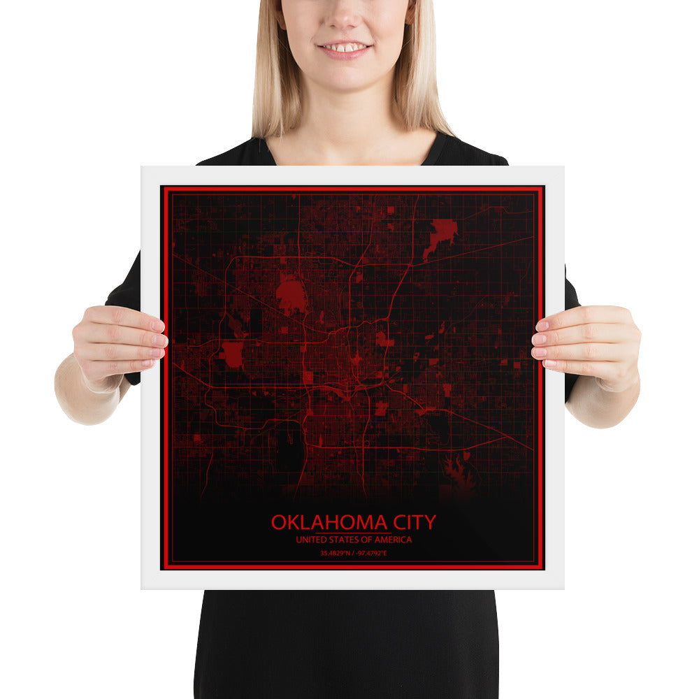 Oklahoma City Black and Red Framed Map