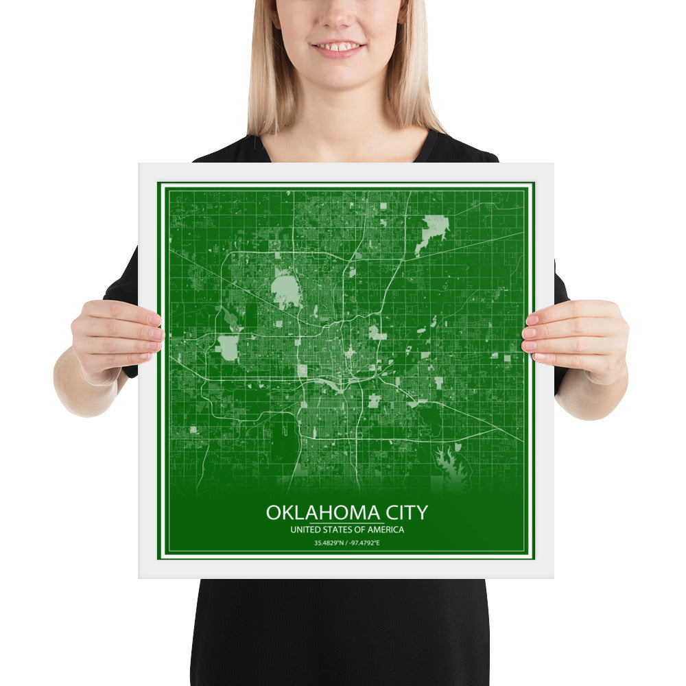 Oklahoma City Green and White Framed Map