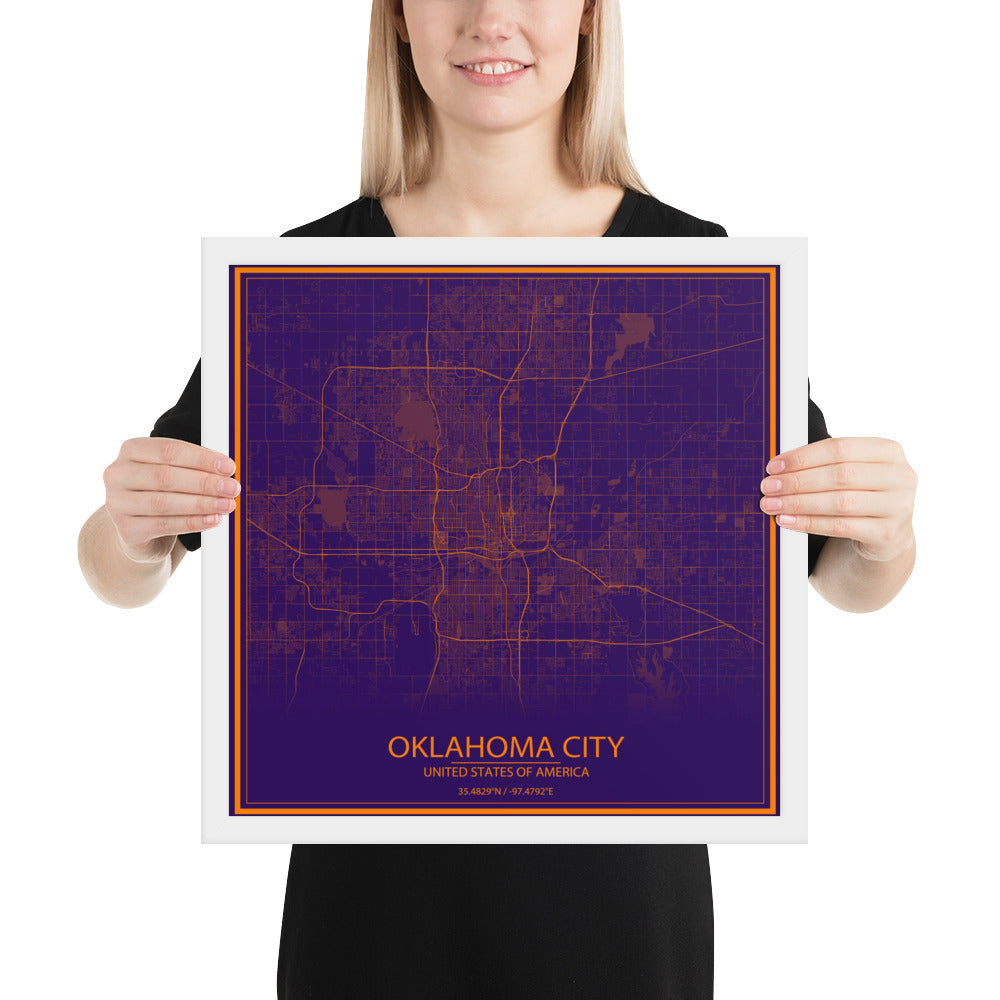 Oklahoma City Purple and Orange Framed Map