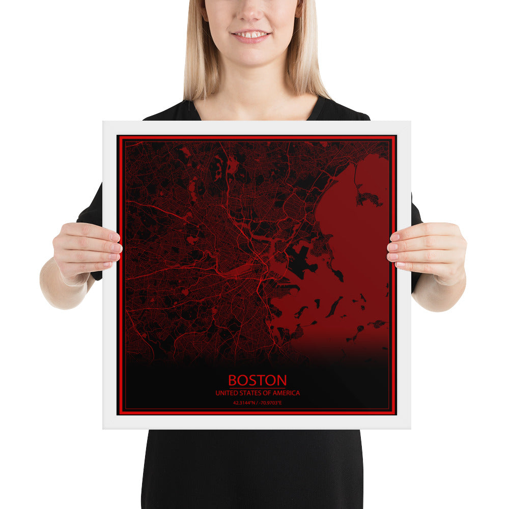 Boston Black and Red Framed Map