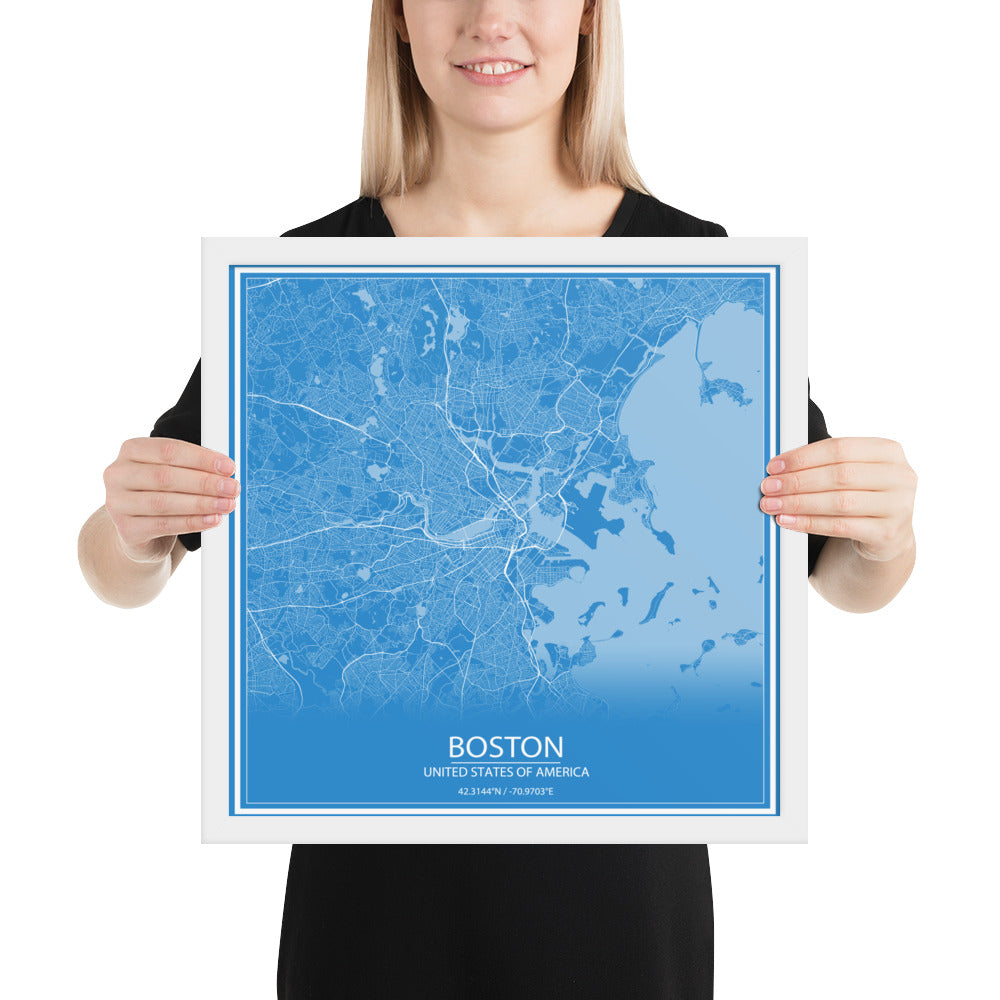 Boston Blue and White Framed Map