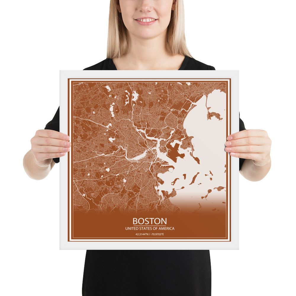 Boston Brown and White Framed Map