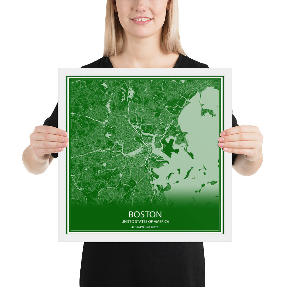 Boston Green and White Framed Map