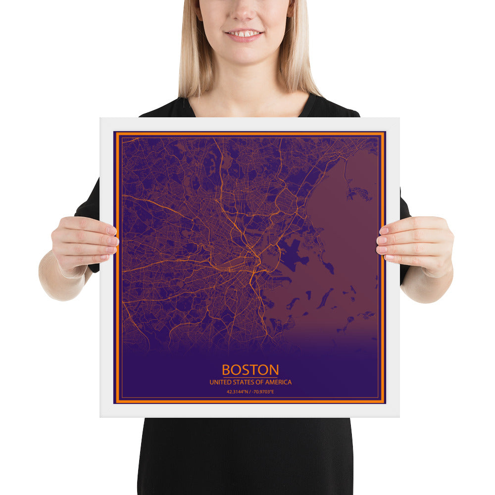 Boston Purple and Orange Framed Map