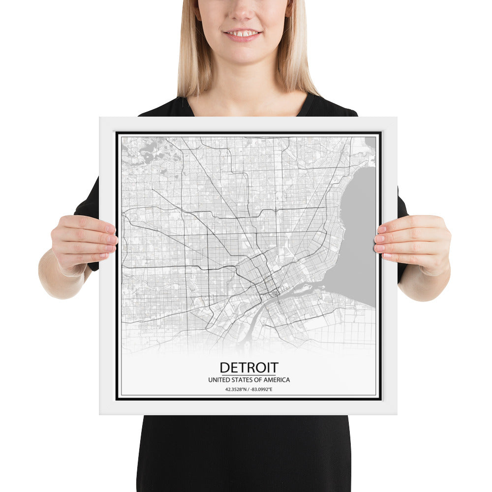 Detroit White Framed Map