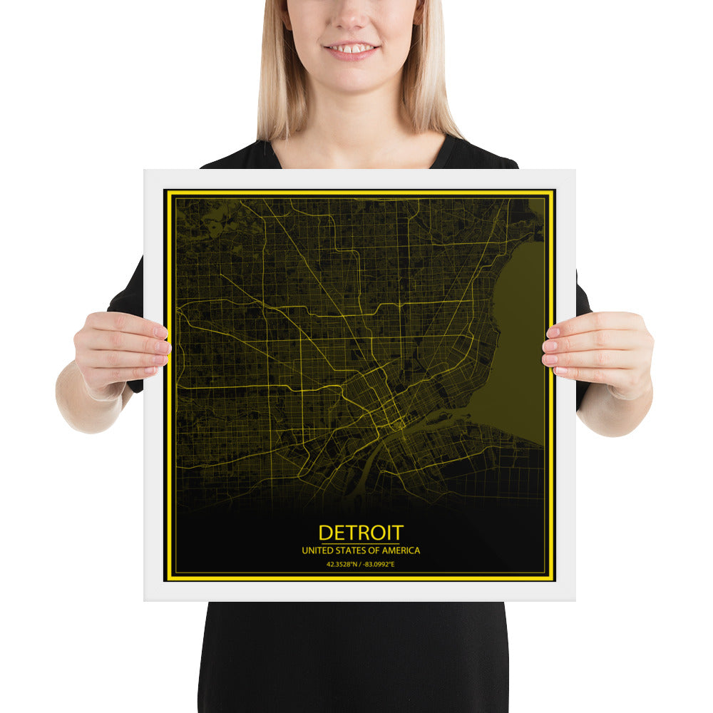 Detroit Black and Yellow Framed Map