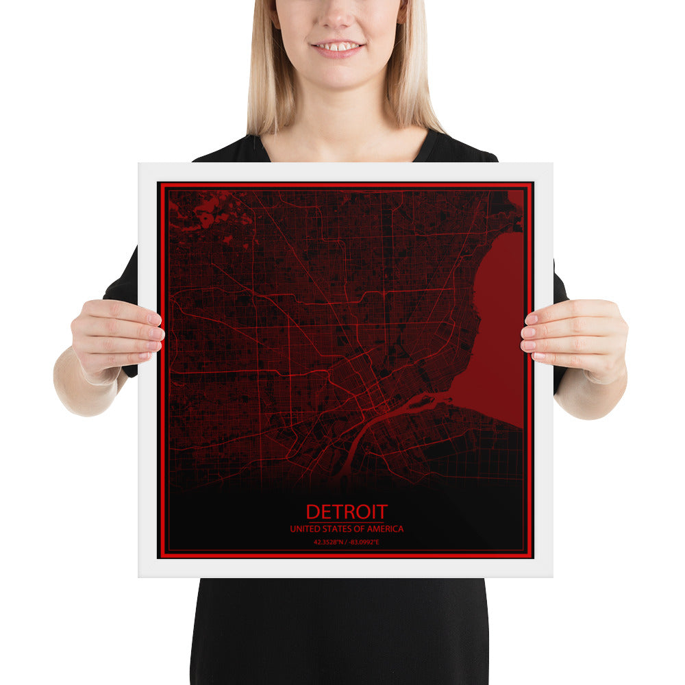 Detroit Black and Red Framed Map