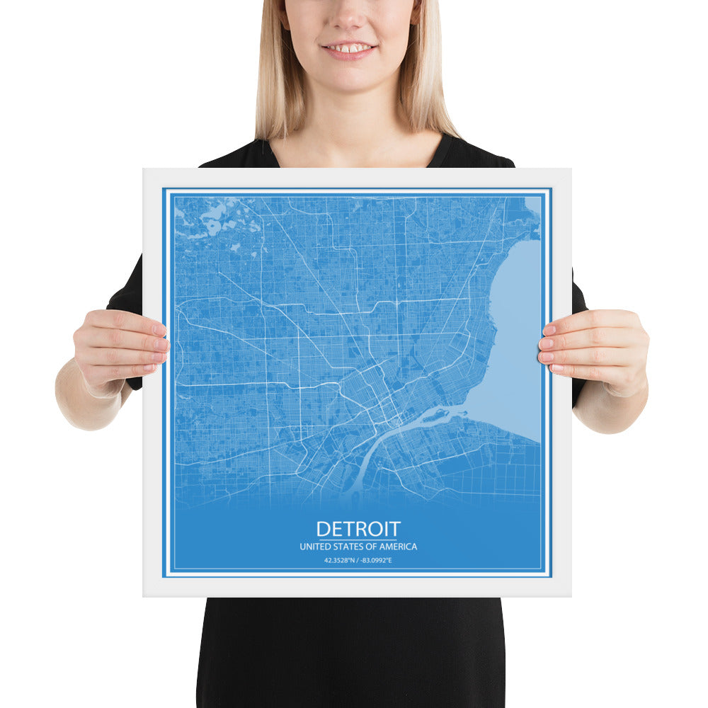 Detroit Blue and White Framed Map