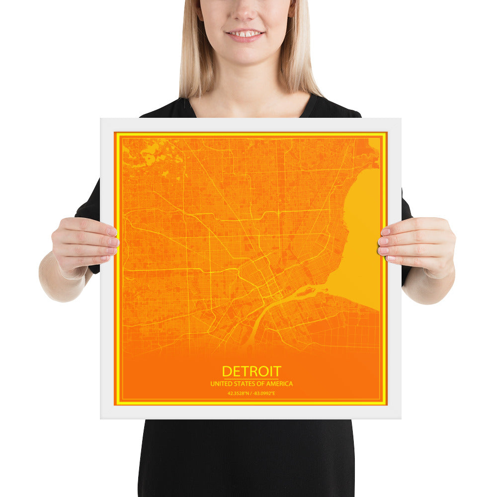 Detroit Orange and Yellow Framed Map