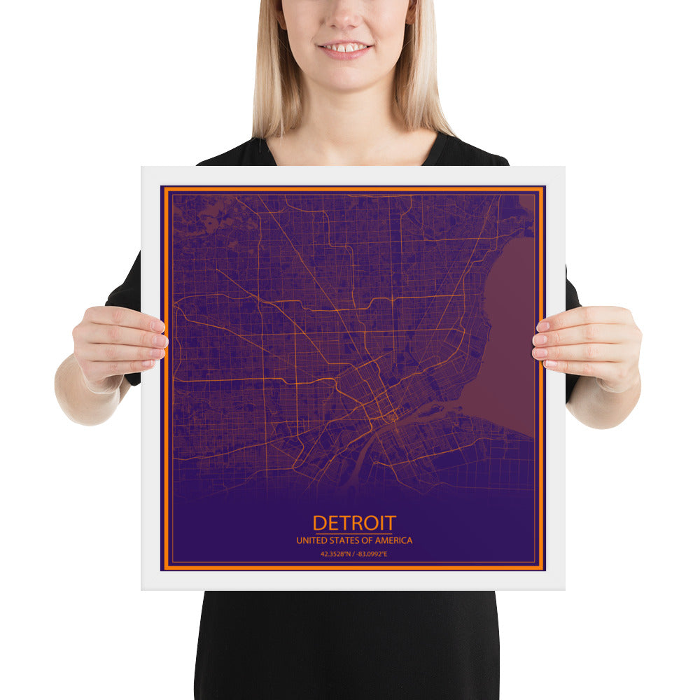 Detroit Purple and Orange Framed Map