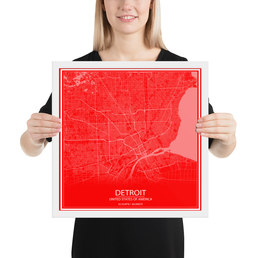 Detroit Red and White Framed Map