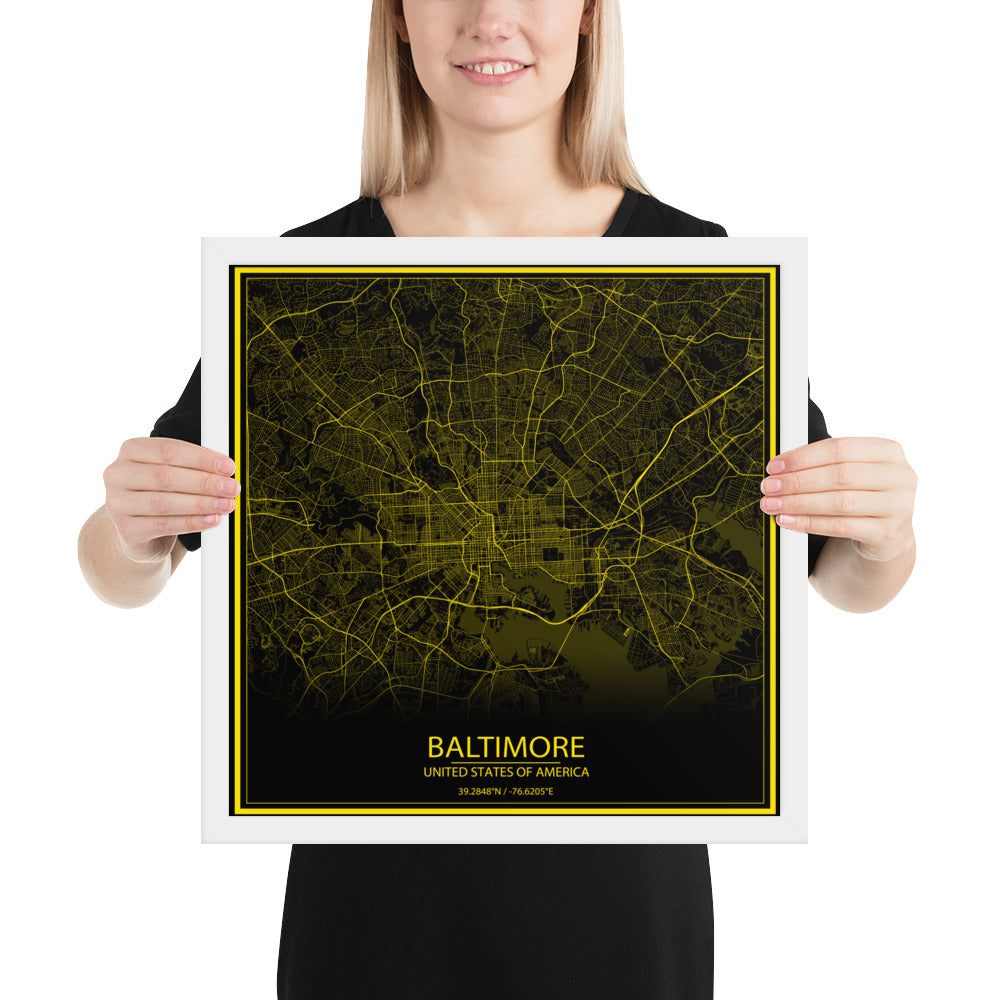 Baltimore Black and Yellow Framed Map