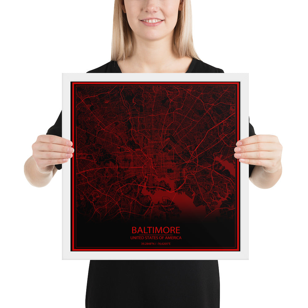 Baltimore Black and Red Framed Map