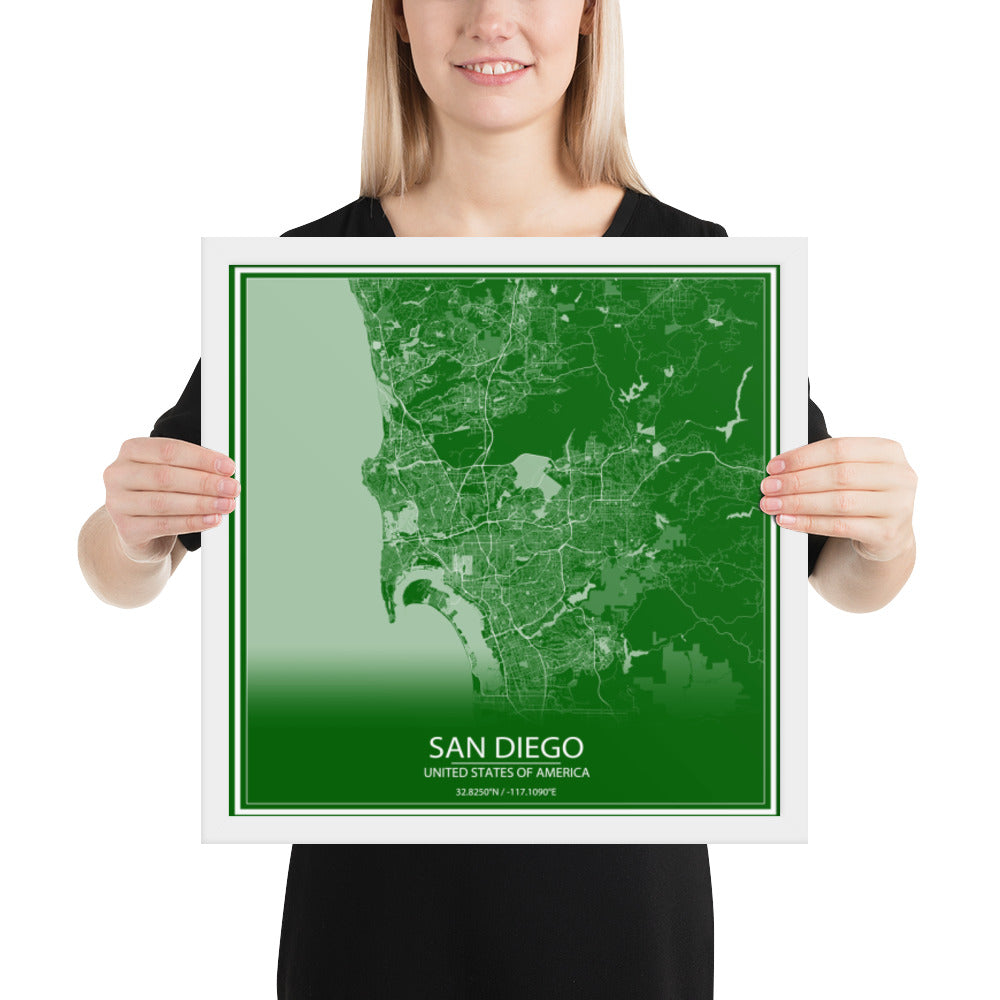 San Diego Green and White Framed Map