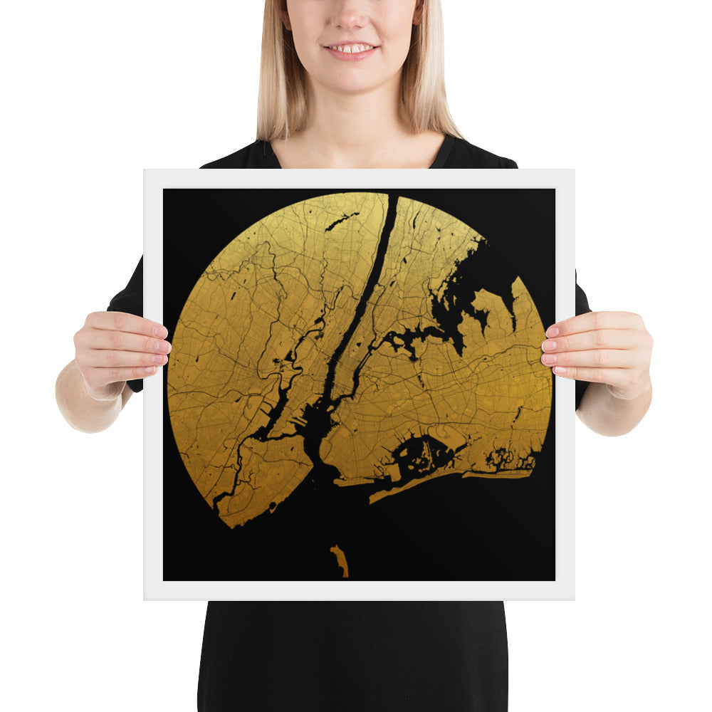 New York Gold on Black Framed Map