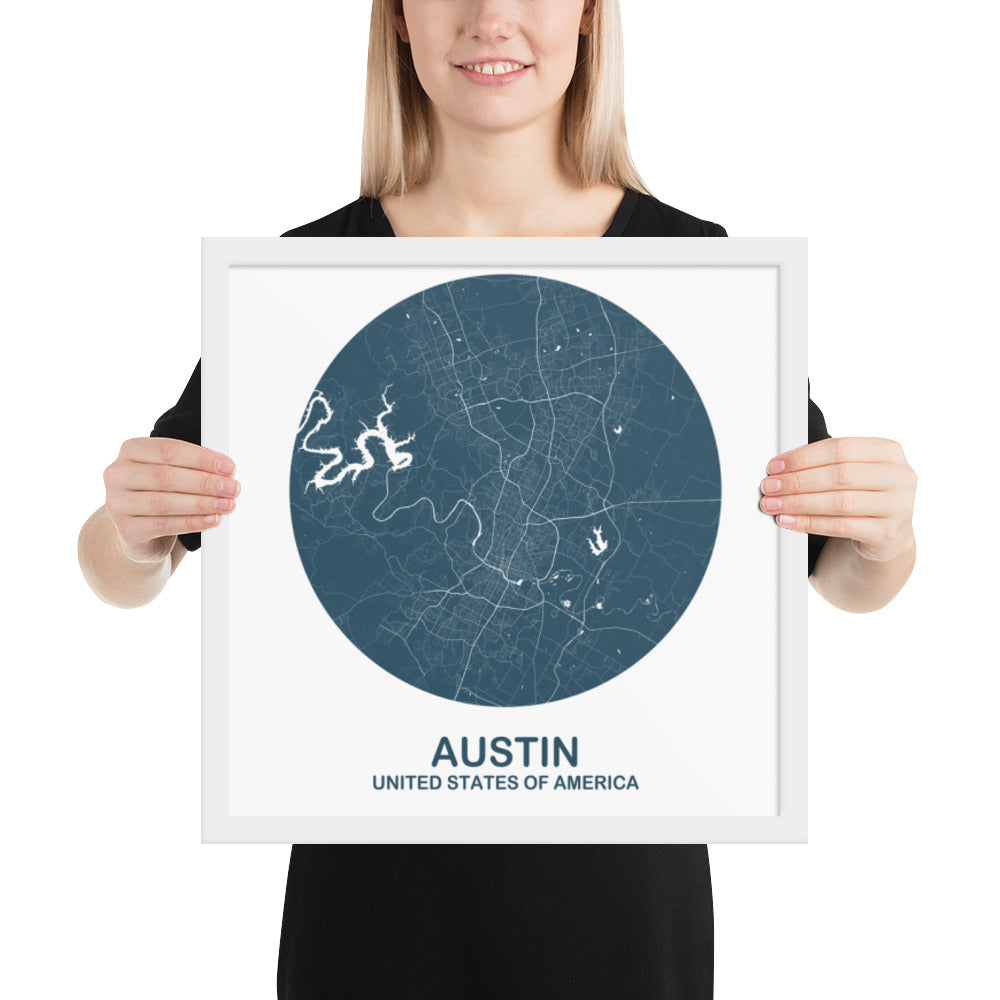 Austin Circular Blue Framed Map