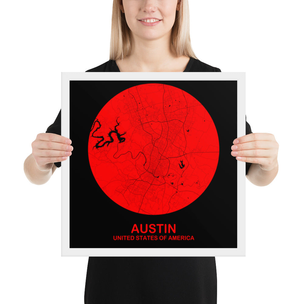 Austin Circular Red Framed Map