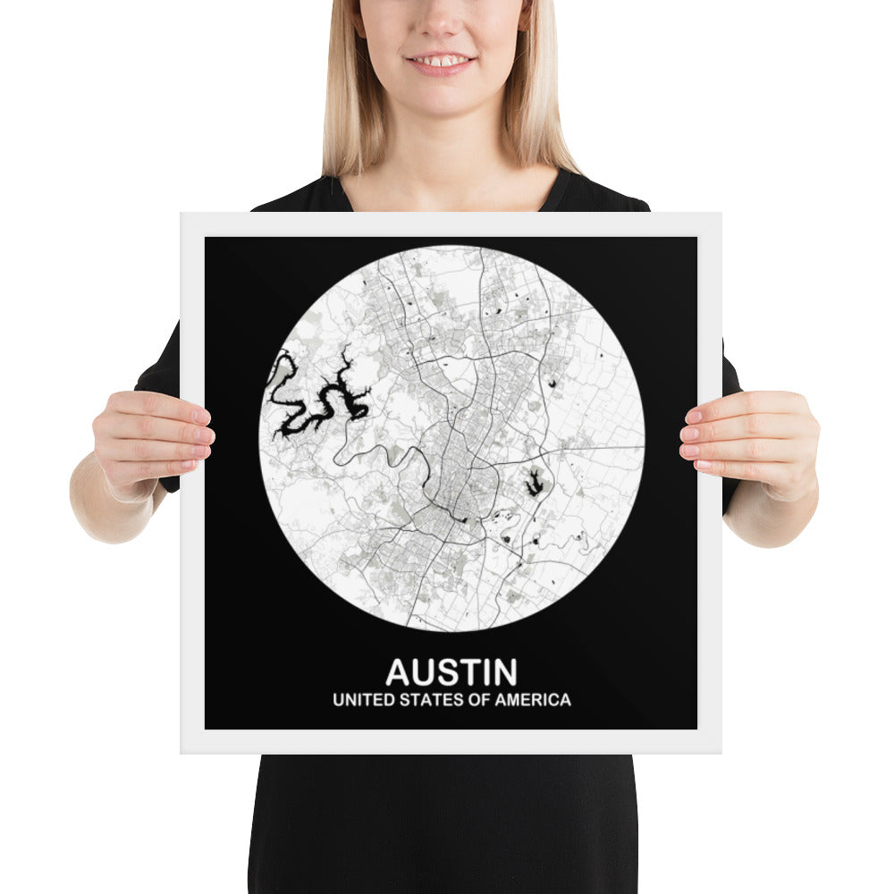 Austin Circular White Framed Map