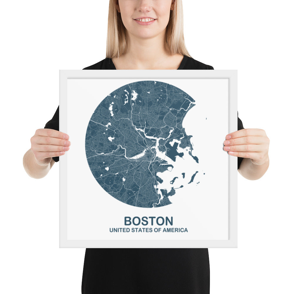 Boston Circular Blue Framed Map