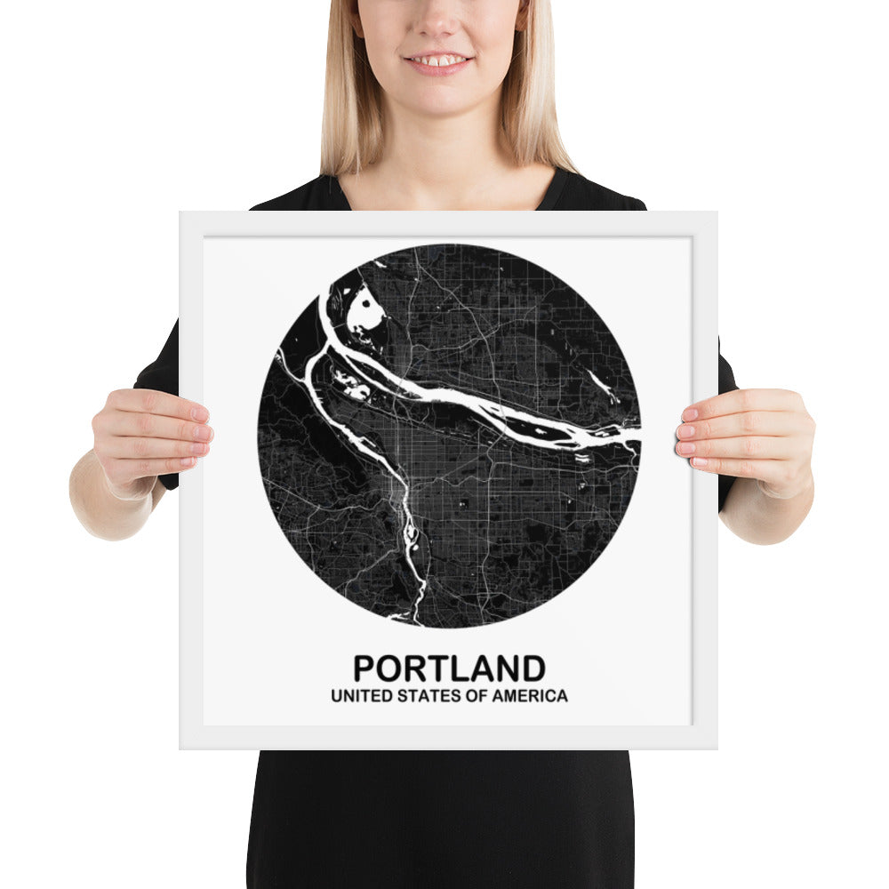 Portland Circular Black Framed Map