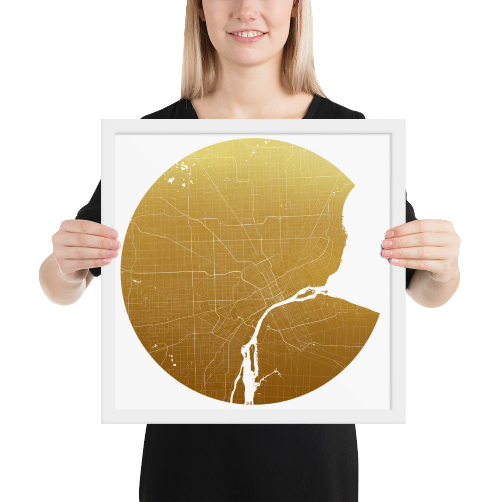 Detroit Gold on White Framed Map