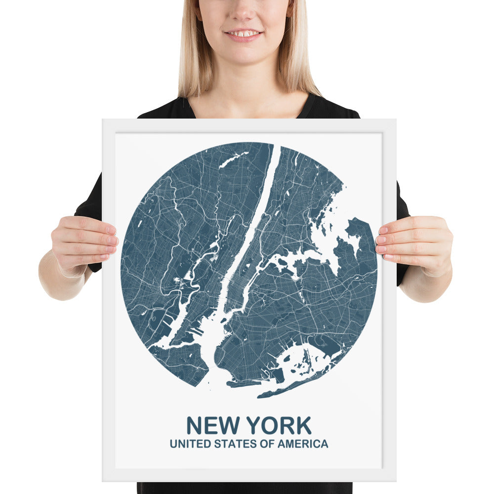 New York Circular Blue Framed Map