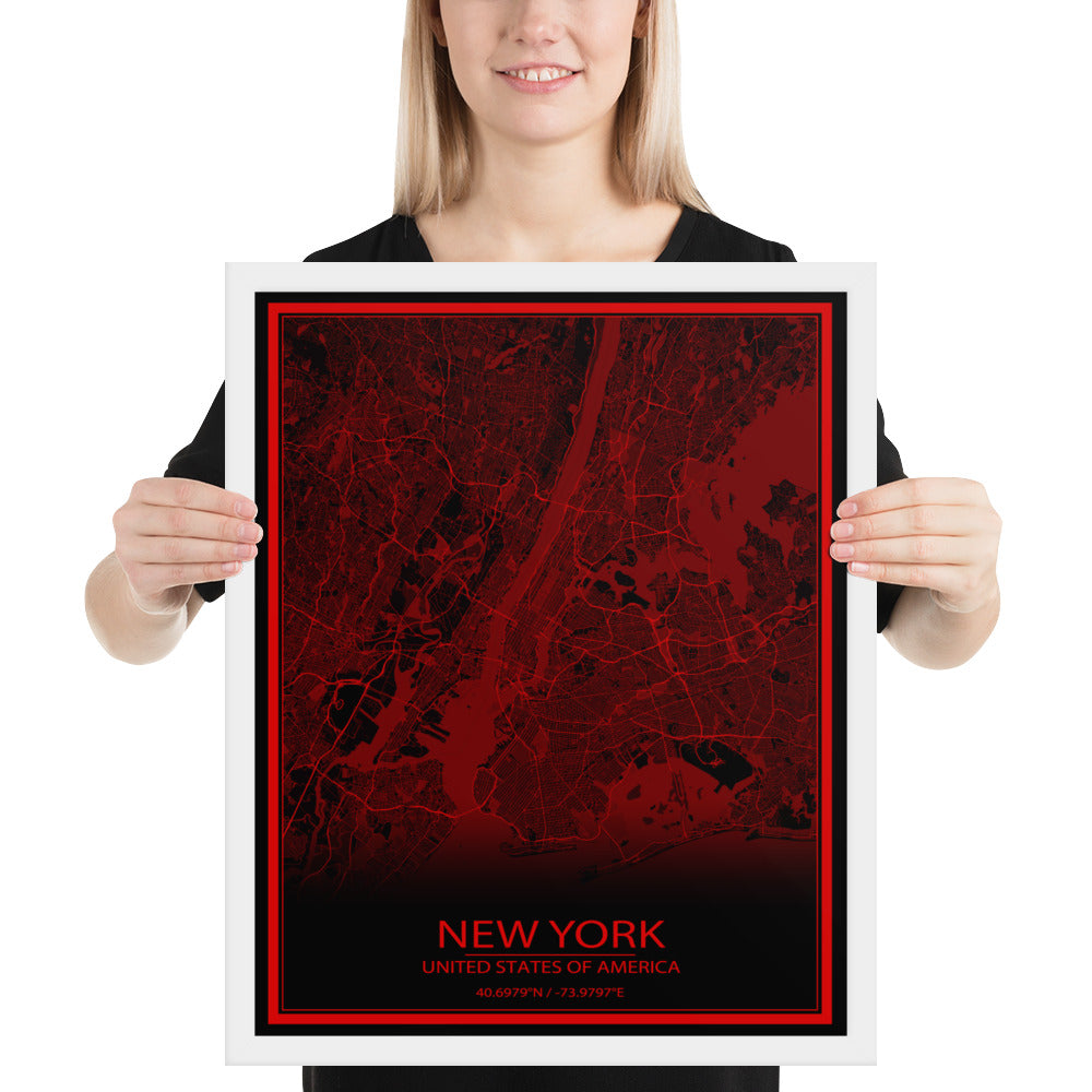 New York Black and Red Framed Map