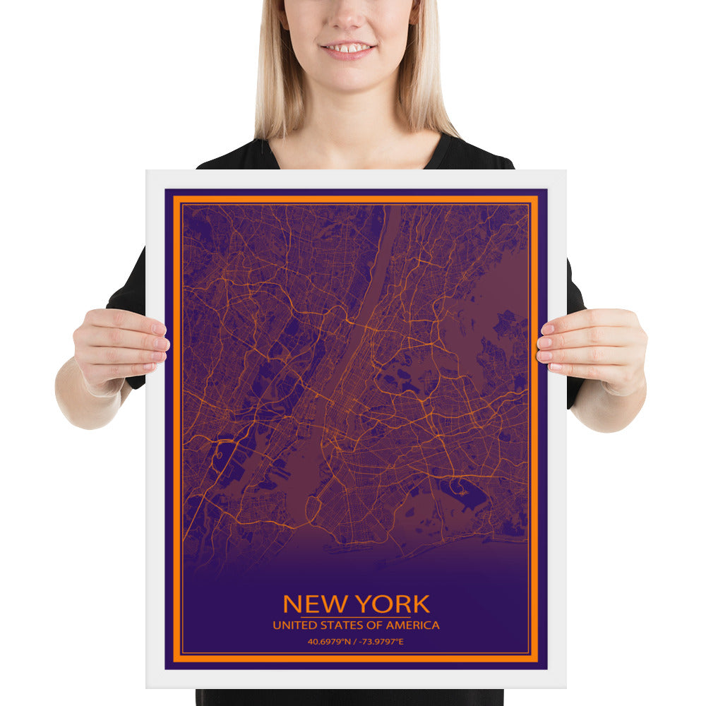 New York Purple and Orange Framed Map