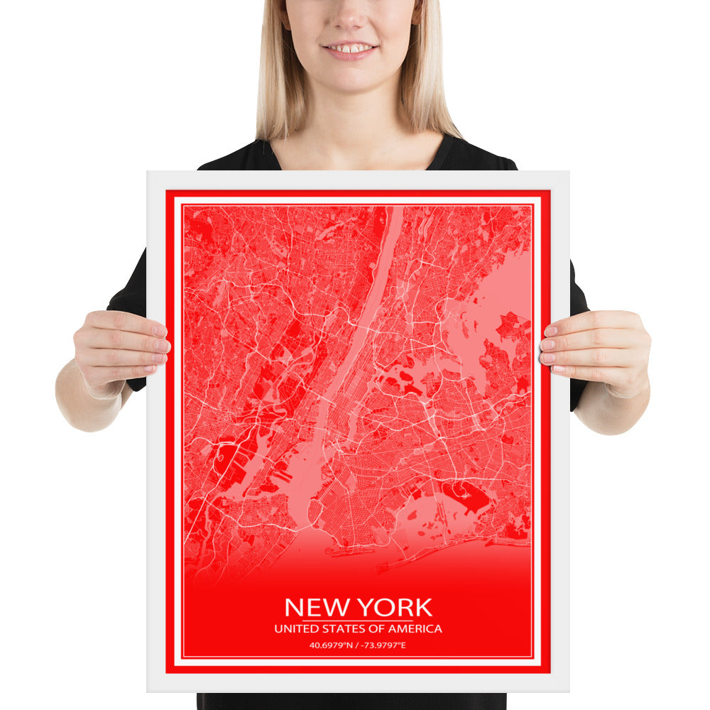 New York Red and White Framed Map