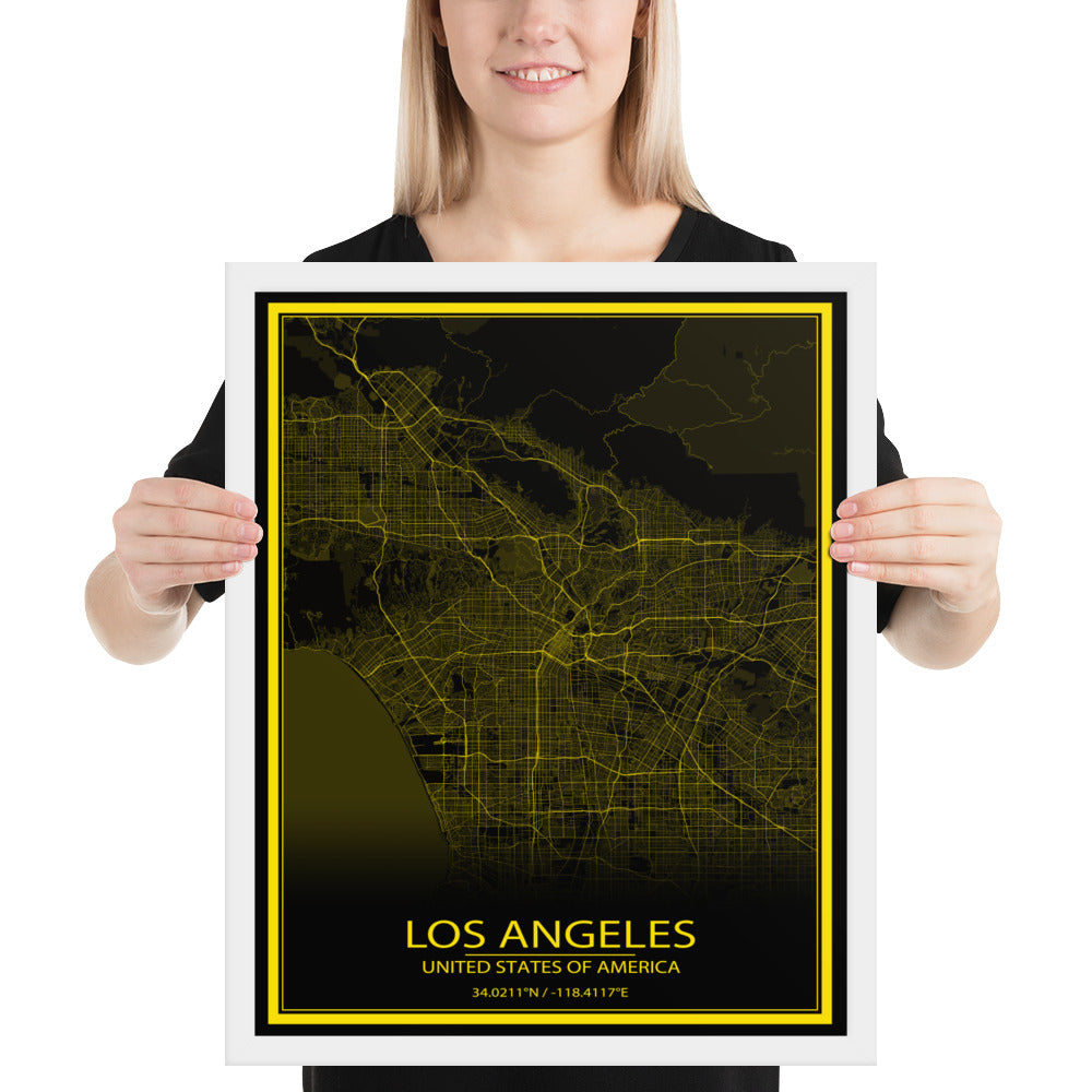 Los Angeles Black and Yellow Framed Map