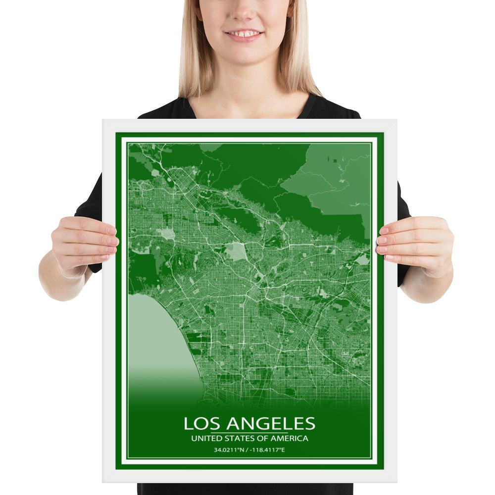 Los Angeles Green and White Framed Map