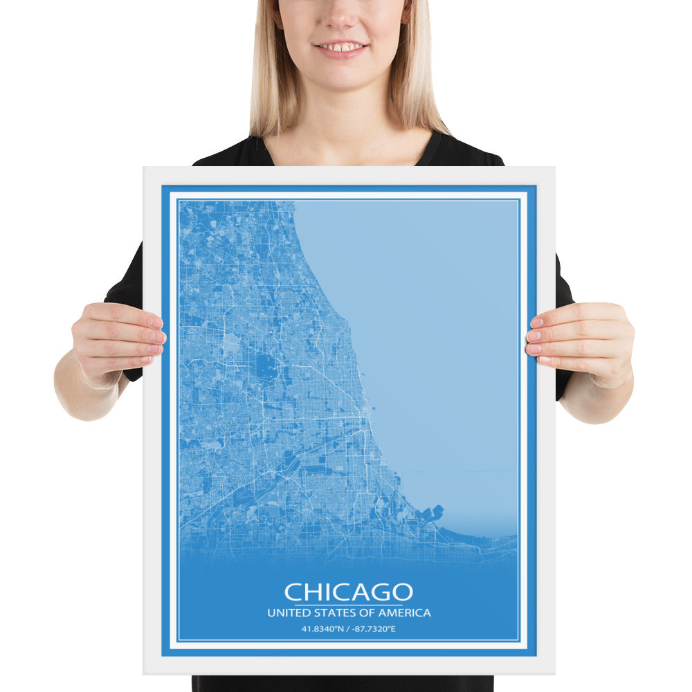 Chicago Blue and White Framed Map