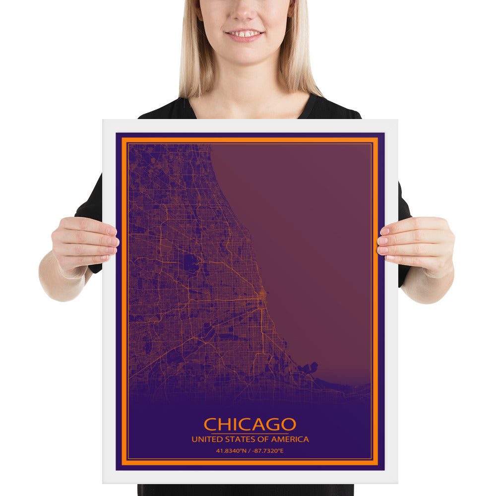 Chicago Purple and Orange Framed Map