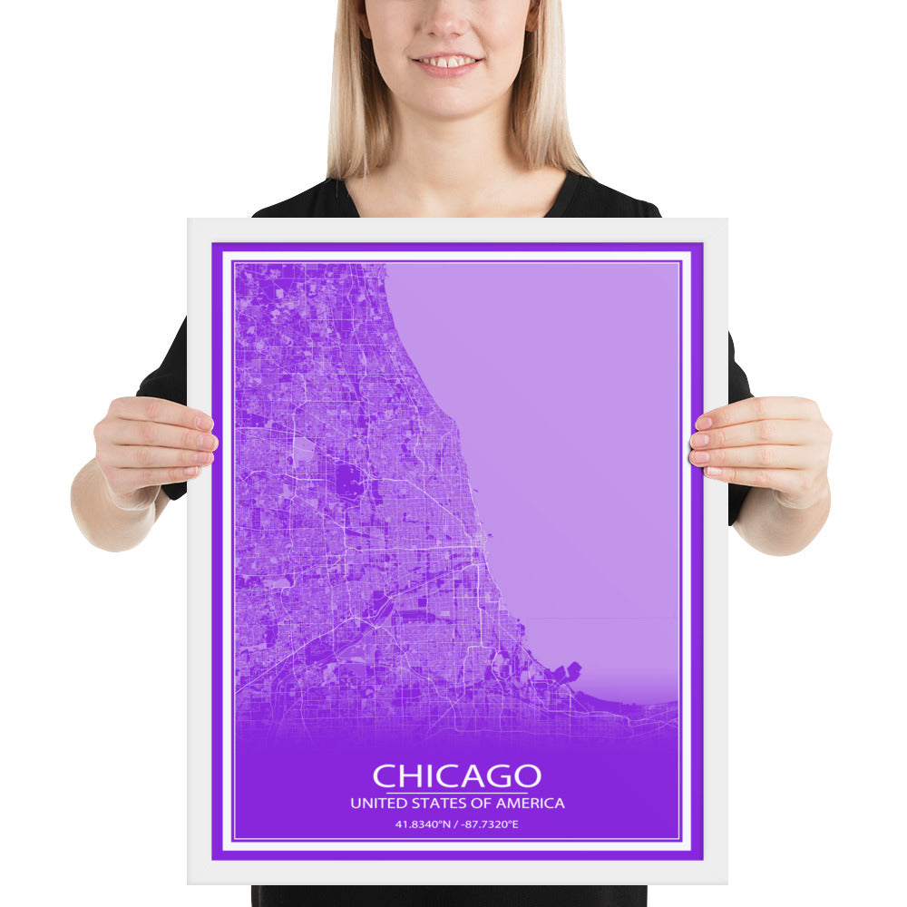 Chicago Purple and White Framed Map