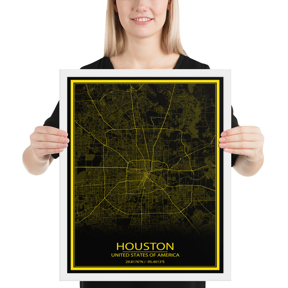 Houston Black and Yellow Framed Map