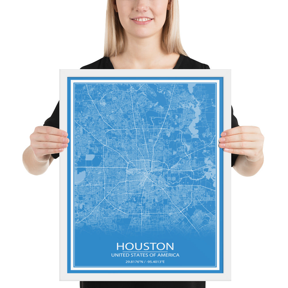 Houston Blue and White Framed Map