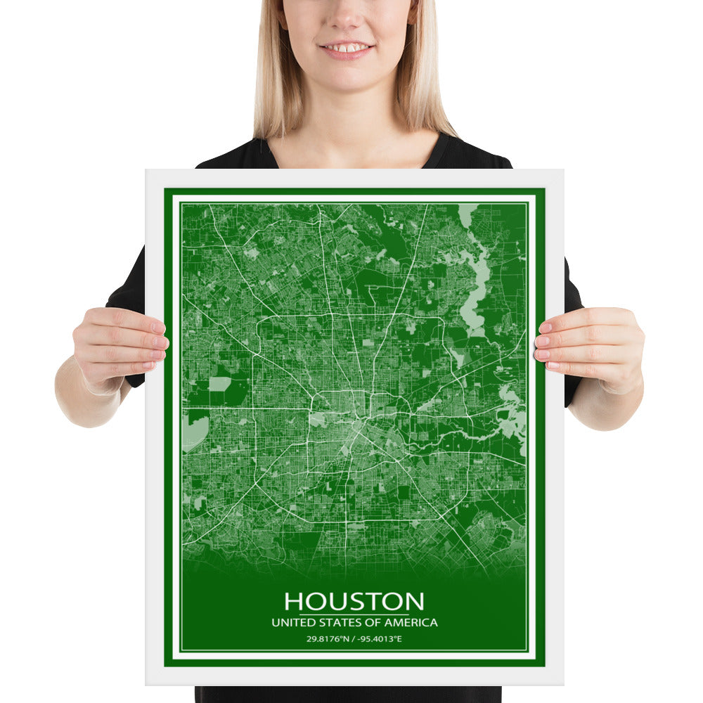 Houston Green and White Framed Map